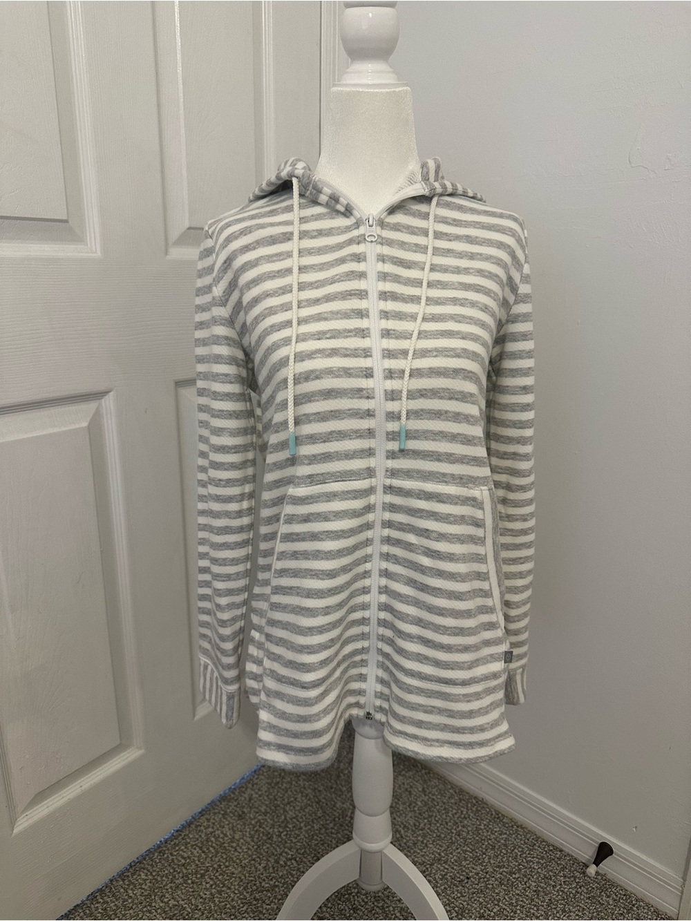 Talbots Gray and White Striped Hooded Zip Cardigan